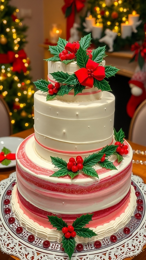 Three-tiered Christmas cake decorated with holly and ribbons on a festive table.